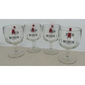Set Of 4‎  MICHELOB Beer Heavy Glass Thumbprint Goblet Mug Pedestal Stem Barware